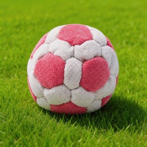Op de afbeelding: Een pluche voetbal met een roze en wit patroon ligt op groen gras. Het ontwerp van de bal bestaat uit roze en witte vijfhoeken en zeshoeken, waardoor de klassieke uitstraling van een voetbal ontstaat. De zachte textuur suggereert een speelgoed.