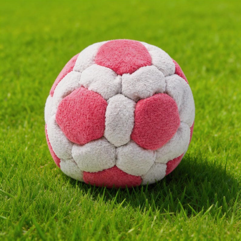 Op de afbeelding: Een pluche voetbal met een roze en wit patroon ligt op groen gras. Het ontwerp van de bal bestaat uit roze en witte vijfhoeken en zeshoeken, waardoor de klassieke uitstraling van een voetbal ontstaat. De zachte textuur suggereert een speelgoed.