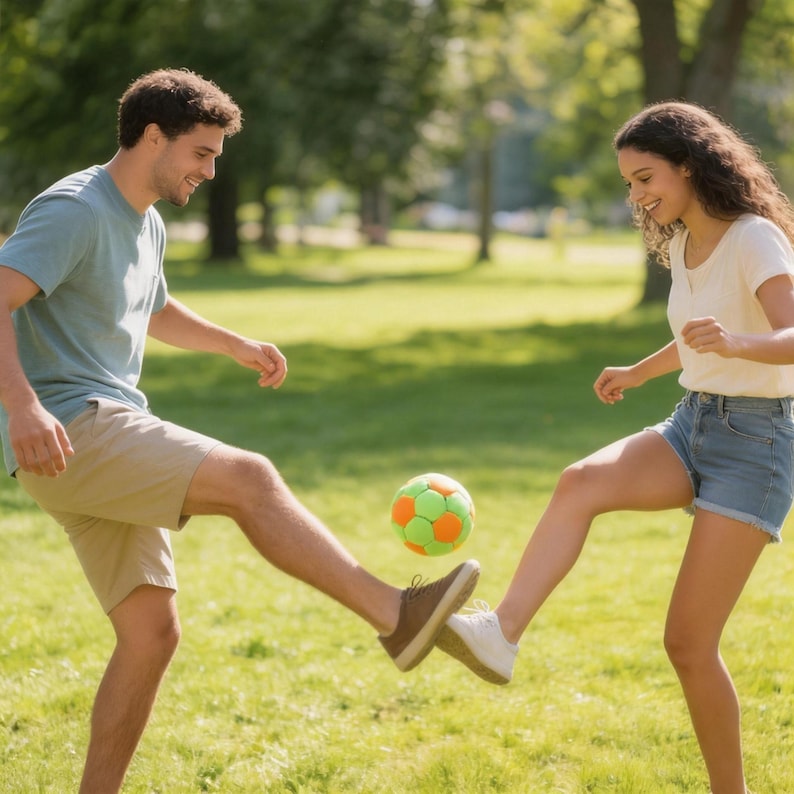 Op de afbeelding: Een stel speelt voetbal in een park. De voetbal is groen en oranje. De man draagt een blauw t-shirt en een beige korte broek. De vrouw draagt een wit t-shirt en een spijkerbroek.