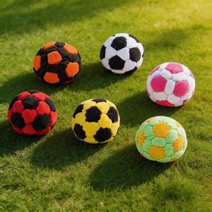 Op de afbeelding: Een verzameling kleurrijke, zachte voetballen in verschillende kleuren, waaronder zwart en wit, rood en zwart, oranje en zwart, geel en zwart, roze en wit en groen en geel. De ballen liggen op groen gras.