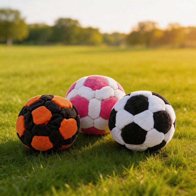 Op de afbeelding: Drie kleurrijke voetballen liggen op een grasveld. E&eacute;n is zwart en oranje, een andere roze en wit, en de derde is zwart en wit. De ballen zijn gemaakt van een zacht, getextureerd materiaal.