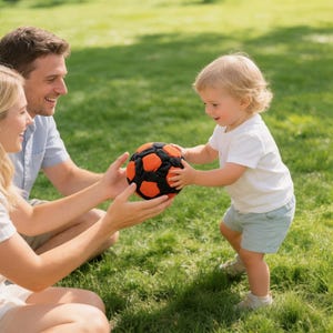 Op de afbeelding: Een zwart-oranje voetbal wordt doorgegeven tussen een kind en twee volwassenen op een groene grasveld. De bal heeft een traditioneel voetbalontwerp. Het kind draagt een wit T-shirt en lichtblauwe shorts.