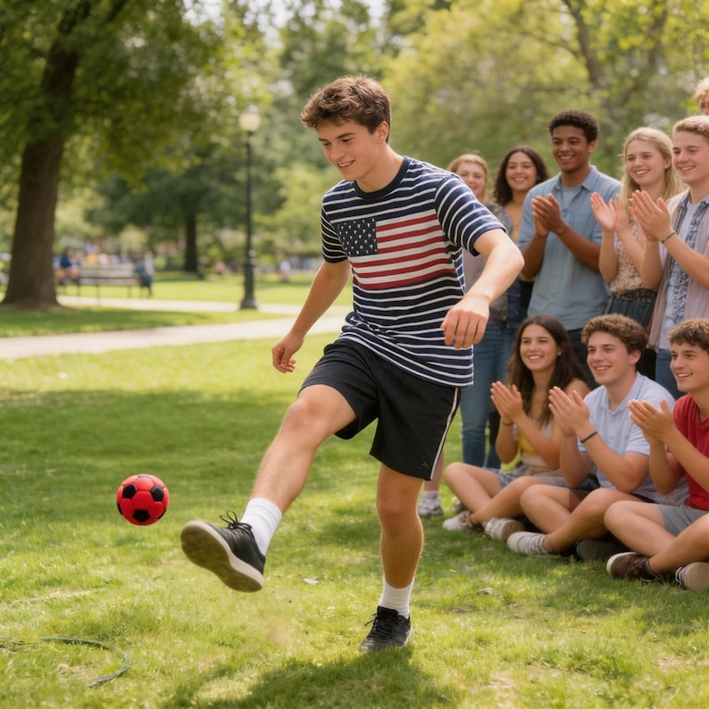 Op de afbeelding: Een persoon schopt een rood-zwarte voetbal op een grasveld. Ze dragen een gestreept shirt met een Amerikaans vlagontwerp, een zwarte korte broek en zwarte sneakers. Een groep mensen is op de achtergrond, sommigen klappen.