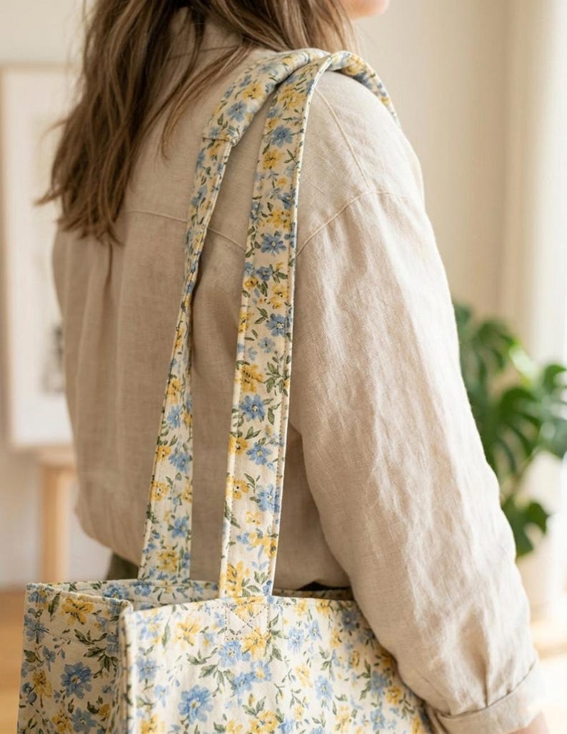 May include: A floral tote bag with a cream background and a pattern of blue and yellow flowers. The bag has matching straps and is being carried over a person's shoulder. The person is wearing a beige linen shirt.