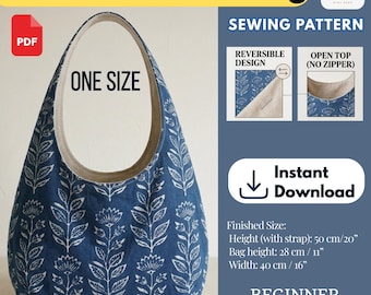 Reversible Hobo Shoulder Bag, Crescent Hobo Bag Sewing Pattern PDF, Tutorial, Beginner Friendly DIY Purse Pattern, Instant Download