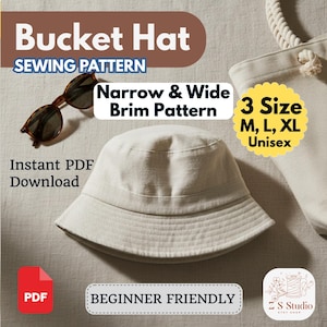 Pode incluir: Um padrão de costura de chapéu bucket bege com o texto "Bucket Hat Sewing Pattern" e "Narrow & Wide Brim Pattern". O padrão inclui três tamanhos: M, L e XL, e é rotulado como "Beginner Friendly". Óculos de sol e uma sacola também são visíveis.