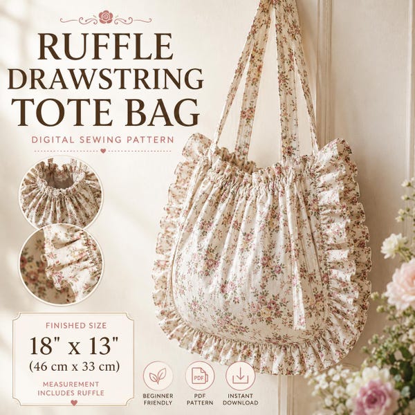 Ruffle Tote Bag Sewing Pattern PDF | Drawstring Summer Tote Tutorial | Beginner Friendly DIY Bag Pattern with Optional Pocket