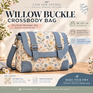 Op de afbeelding: Een digitaal naaipatroon voor een Willow Buckle crossbodytas, een gestructureerde messengertas met bloemenprint en blauwe accenten. De afgewerkte maat is 35,56 cm bij 27,94 cm bij 12,7 cm, inclusief ritsvak en verstelbare schouderband.