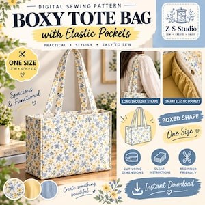 Patron de couture pour sac fourre-tout carré PDF | Tutoriel sur le sac organisateur à poche élastique | Modèle de sac fourre-tout adapté aux débutants | Sac fait main structuré DIY