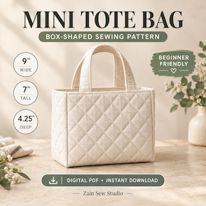 May include: A cream-colored quilted mini tote bag with two handles. Text reads: MINI TOTE BAG, BOX-SHAPED SEWING PATTERN, 9" WIDE, 7" TALL, 4.25" DEEP, BEGINNER FRIENDLY, DIGITAL PDF, INSTANT DOWNLOAD, ZAIN SEW STUDIO.