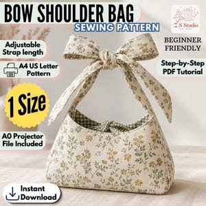 Puede incluir: Un patrón de costura para un bolso de hombro con lazo, hecho de tela con estampado floral en tonos amarillos y verdes. El bolso tiene un asa grande anudada y un forro interior de cuadros vichy verdes y blancos. El texto incluye Bow Shoulder Bag Sewing Pattern, Beginner Friendly, 1 Size, A4 US Letter Pattern, A0 Projector File Included e Instant Download.