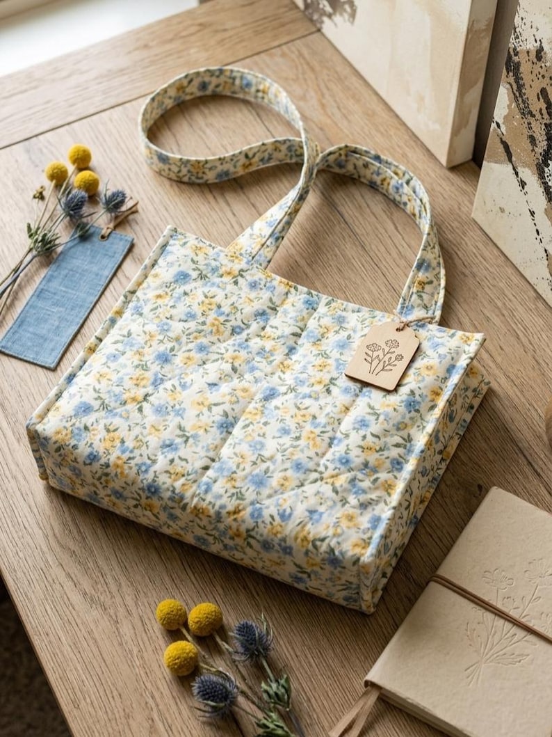 May include: A quilted tote bag with a floral pattern in blue and yellow on a cream background. The bag has matching handles and a wooden tag. The bag is sitting on a wooden surface with decorative items.
