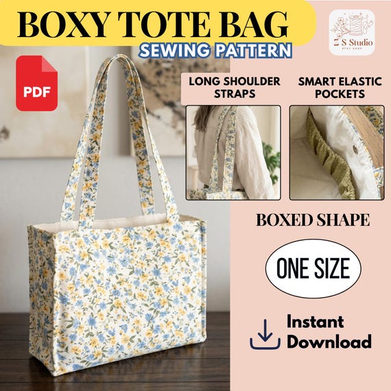 Boxy Tote Bag Sewing Pattern PDF | Elastic Pocket Organizer Bag Tutorial | Beginner Friendly Tote Bag Pattern | Structured Handmade Bag DIY