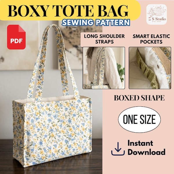 Patrón de costura en PDF para bolso tote cuadrado / Tutorial para bolso organizador con bolsillo elástico / Patrón de bolso tote ideal para principiantes / Bolso estructurado hecho a mano (hazlo tú mismo)
