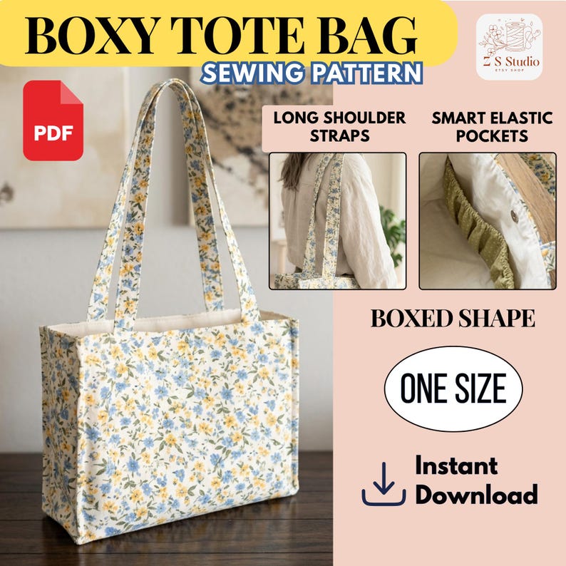 May include: A boxy tote bag sewing pattern with a floral print in blue and yellow. Features long shoulder straps and smart elastic pockets. The pattern is a PDF and is one size.
