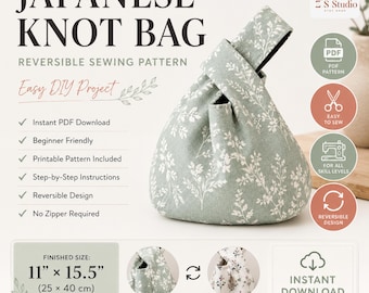 Japanese Knot Bag Sewing Pattern PDF, Reversible Knot Bag Pattern, Beginner Sewing Project, Tote Bag Tutorial, Instant Download