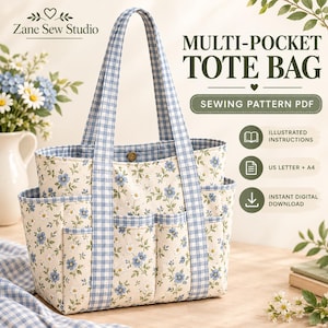 May include: A multi-pocket tote bag sewing pattern PDF by Zane Sew Studio. The bag features a cream fabric with a blue and white floral print, accented by blue and white gingham straps and trim. It includes multiple exterior pockets and a snap closure.