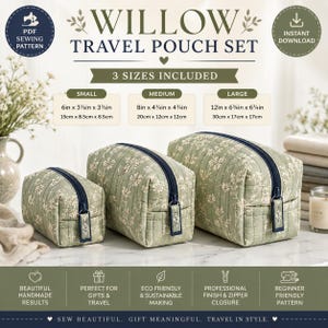 Willow Reisebeutel-Set Schnittmuster PDF | 3 Größe Kosmetiktasche Muster | Kulturbeutel Anleitung | Make-up-Tasche | Sofort Download