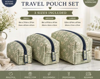 Willow Travel Pouch Set Sewing Pattern PDF | 3 Size Cosmetic Bag Pattern | Toiletry Bag Tutorial | Zipper Makeup Bag | Instant Download