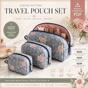 Puede incluir: Un patrón de costura para un juego de neceseres de viaje con tres estuches acolchados de tela azul con flores rosas. El texto incluye SEWING PATTERN TRAVEL POUCH SET, 3 PRACTICAL SIZES y dimensiones en centímetros de 15 a 30 cm.