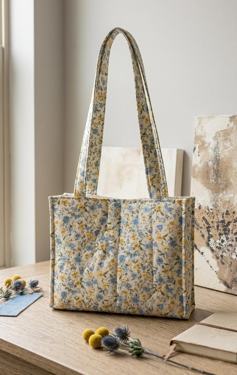 May include: A quilted tote bag with a floral pattern in yellow and blue on a cream background. The bag has two handles and a rectangular shape. The bag is sitting on a wooden surface.