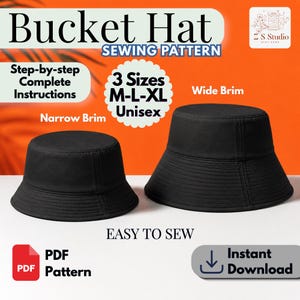 Puede incluir: Patrón de costura de sombrero de pescador negro con instrucciones paso a paso. El patrón incluye tres tallas: M, L y XL, y es unisex. La imagen muestra un ala estrecha y un sombrero de ala ancha. El patrón está disponible como descarga instantánea en PDF.