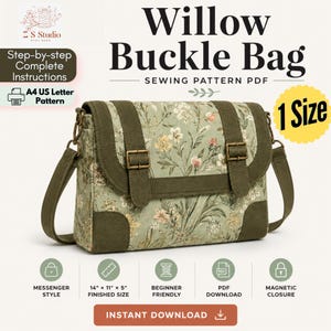 Può includere: Un cartamodello PDF per borsa Willow Buckle Bag in tessuto floreale verde salvia con accenti verde oliva scuro, due cinghie con fibbia frontali e stile messenger. La dimensione finita è 35,6 cm per 27,9 cm per 12,7 cm.