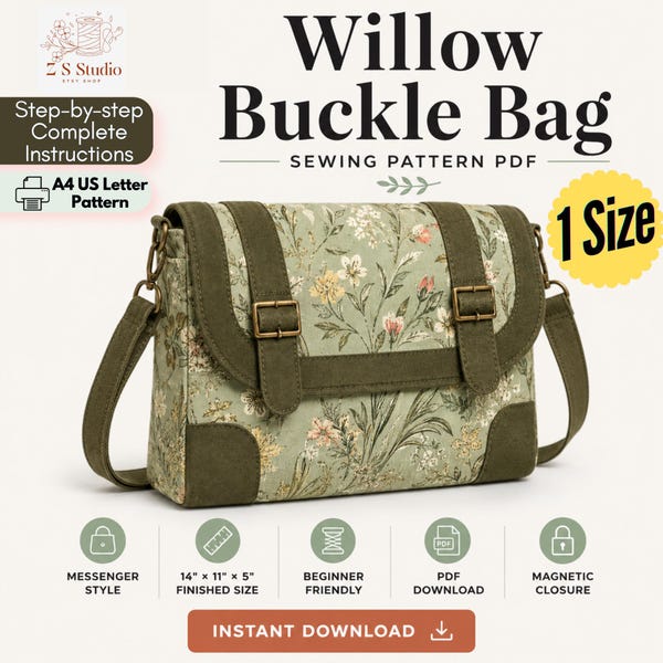 Willow Buckle Messenger Bag Sewing Pattern PDF | Structured Crossbody Bag DIY | Instruction +A4/US Printable Files | Handmade Bag Tutorial