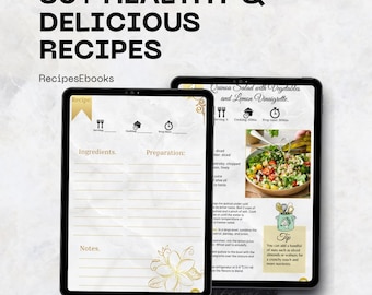 May include: Two digital tablets displaying a cookbook with the text "30+ HEALTHY & DELICIOUS RECIPES" and "RecipesEbooks." One tablet shows a recipe for Quinoa Salad with Vegetables and Lemon Vinaigrette. The other tablet displays a blank recipe template.