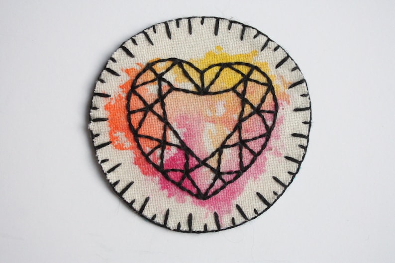wearble art. hand embroidered crystal heart patch hand embroidery pink orange and yellow diamond heart gem patch mixed media textiles