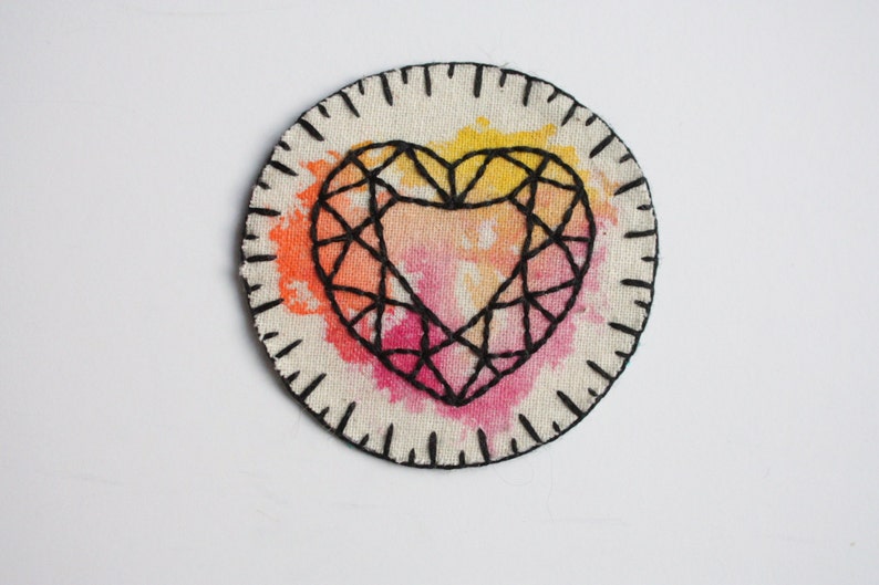 wearble art. hand embroidered crystal heart patch hand embroidery pink orange and yellow diamond heart gem patch mixed media textiles