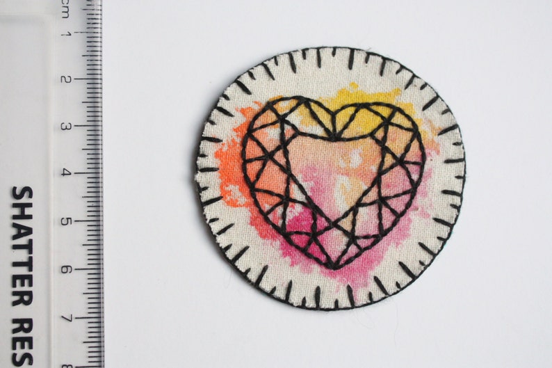 wearble art. hand embroidered crystal heart patch hand embroidery pink orange and yellow diamond heart gem patch mixed media textiles
