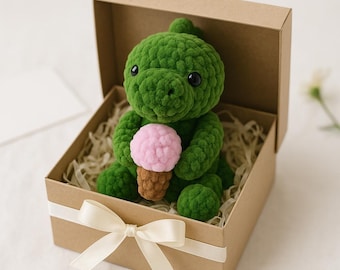 Chubby Dinosaur Holding Ice Cream Crochet Pattern, Amigurumi Plushie (PDF Pattern)