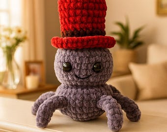 Patrón de araña a crochet con sombrero rojo, lindo patrón de araña amigurumi