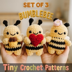 Set of 3 Funny Bumblebee Crochet Amigurumi Pattern, Low Sew Plush Toy Pattern and Digital Download, Instant Access Crochet Toy Design