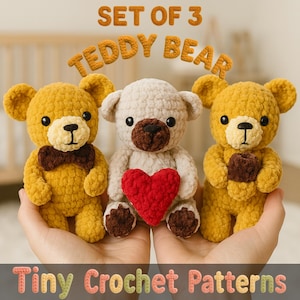Set of 3 Funny Teddy Bear Crochet Amigurumi Pattern, Low Sew Teddy Bear Plush Toy Pattern and Digital Download
