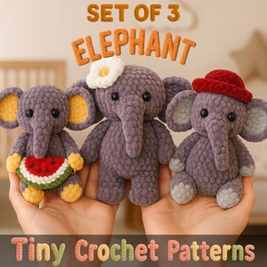 Set of 3 Funny Elephant Crochet Amigurumi Pattern, Low Sew Elephant Plush Toy Pattern and Digital Download, Elephant Crochet Toy Design