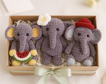Set of 3 Funny Crochet Elephant Amigurumi Patterns, Low Sew Plush Toy (Digital Download)