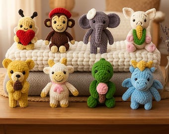 Amigurumi Animal Crochet Pattern Set, Beginner Plushie DIY (PDF)