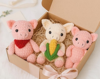Funny Pig Crochet Amigurumi Pattern, Set of 3 Low Sew Plush Toys (Digital Download)