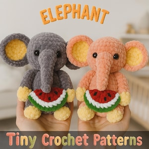 Cute Elephant Crochet Pattern Holding Watermelon Slice, Elephant Amigurumi Pattern, Easy to Follow Crochet Doll Pattern, Animal Amigurumi