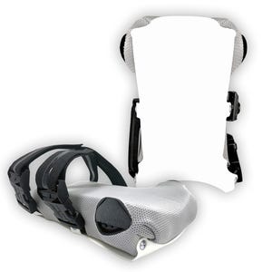 May include: A pair of knee pads featuring a white hard-shell exterior, a grey mesh-covered foam interior, and black adjustable nylon straps with plastic side-release buckles. The design includes a contoured shape for joint protection and support.