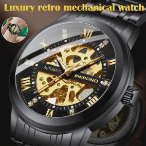 May include: A black mechanical watch with a gold-toned skeleton dial, Roman numerals, and crystal hour markers. The watch face features the text "AUTOMATIC" and "BINBOND" with gold hands. It includes a black metal link band and a clear case back.