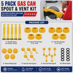 May include: A 5-pack gas can spout and vent kit containing five yellow flexible spouts with rubber gaskets, five coarse thread caps, five fine thread caps, five spout sealing caps, ten gas can vent caps, and ten black gaskets for 1.75 inch cans.