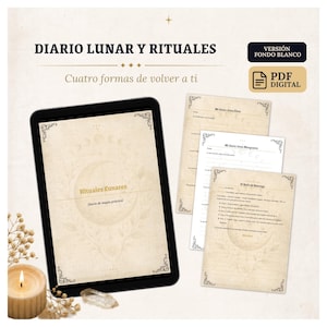 Puede incluir: Un diario lunar digital y planificador de rituales mostrado en una pantalla de tableta junto a tres páginas impresas. Las páginas presentan fondos de estilo pergamino beige con ilustraciones de fases lunares y texto en español.