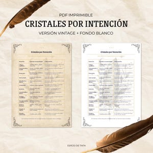 May include: Two printable PDF charts titled Cristales por Intención, one on a vintage-style beige background and one on a white background. Each chart features a table listing intentions, recommended crystals, and usage tips in Spanish text.