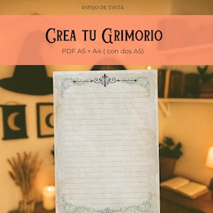 Puede incluir: Una página de grimorio con papel envejecido y bordes ornamentados. El texto "CREA TU GRIMORIO" se muestra sobre la página, con "PDF A5 + A4 (con dos A5)" debajo. El fondo incluye un sombrero de bruja y decoración de luna creciente.