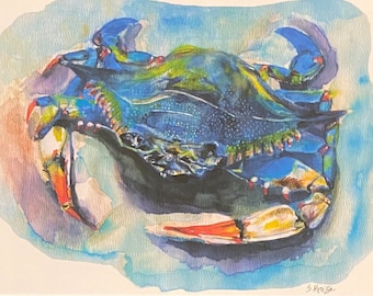 blue crab watercolor print signed by artist Stephanie Kriza