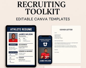 Puede incluir: Un kit de herramientas digital para el reclutamiento de atletas, con plantillas de Canva editables. La imagen muestra una tableta y un teléfono inteligente que muestran el currículum de un atleta y una carta de presentación. El kit incluye un rastreador de contactos de entrenadores.