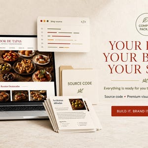 Puede incluir: Un portátil que muestra un blog de comida titulado Sabor de Tapas, rodeado de tarjetas apiladas con las etiquetas Source Code y blog-source. El texto dice: Your Blog. Your Brand. Your Start. Everything is ready for you to customize and publish.